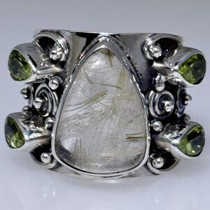 Large ornate sterling silver ring, Gold Rutile Quartz, Peridot gems, NWOT, sz 8